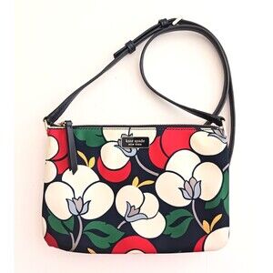 Kate Spade NY Dawn Breezy Floral Tri Gusset Nylon Crossbody Navy Leather Strap